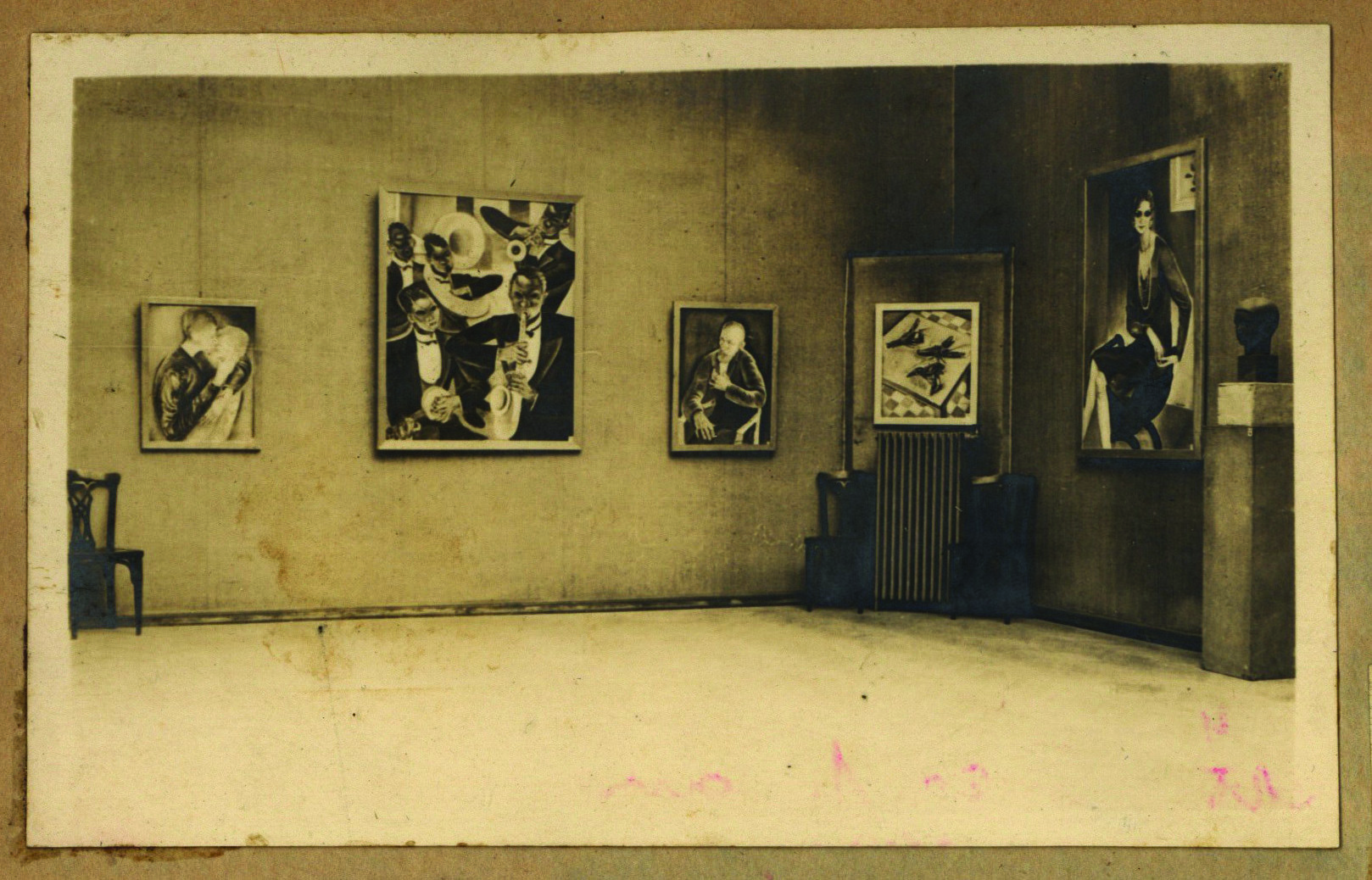 Another wall of the 1935 estate exhibition, with four Rauscher works hung in a row