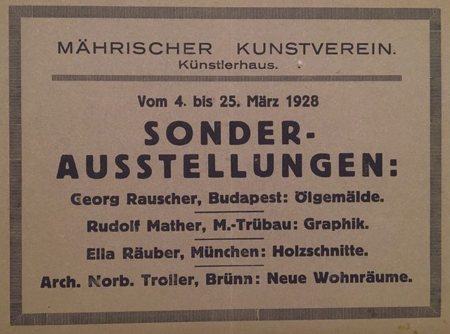 Announcement of the Mahrischer Kunstverein special exhibitions, Brunn, 4 to 25 March 1928, listing Georg Rauscher