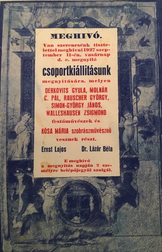 Invitation to the 1927 Ernst Muzeum group exhibition, naming the six exhibitors including Rauscher Gyorgy